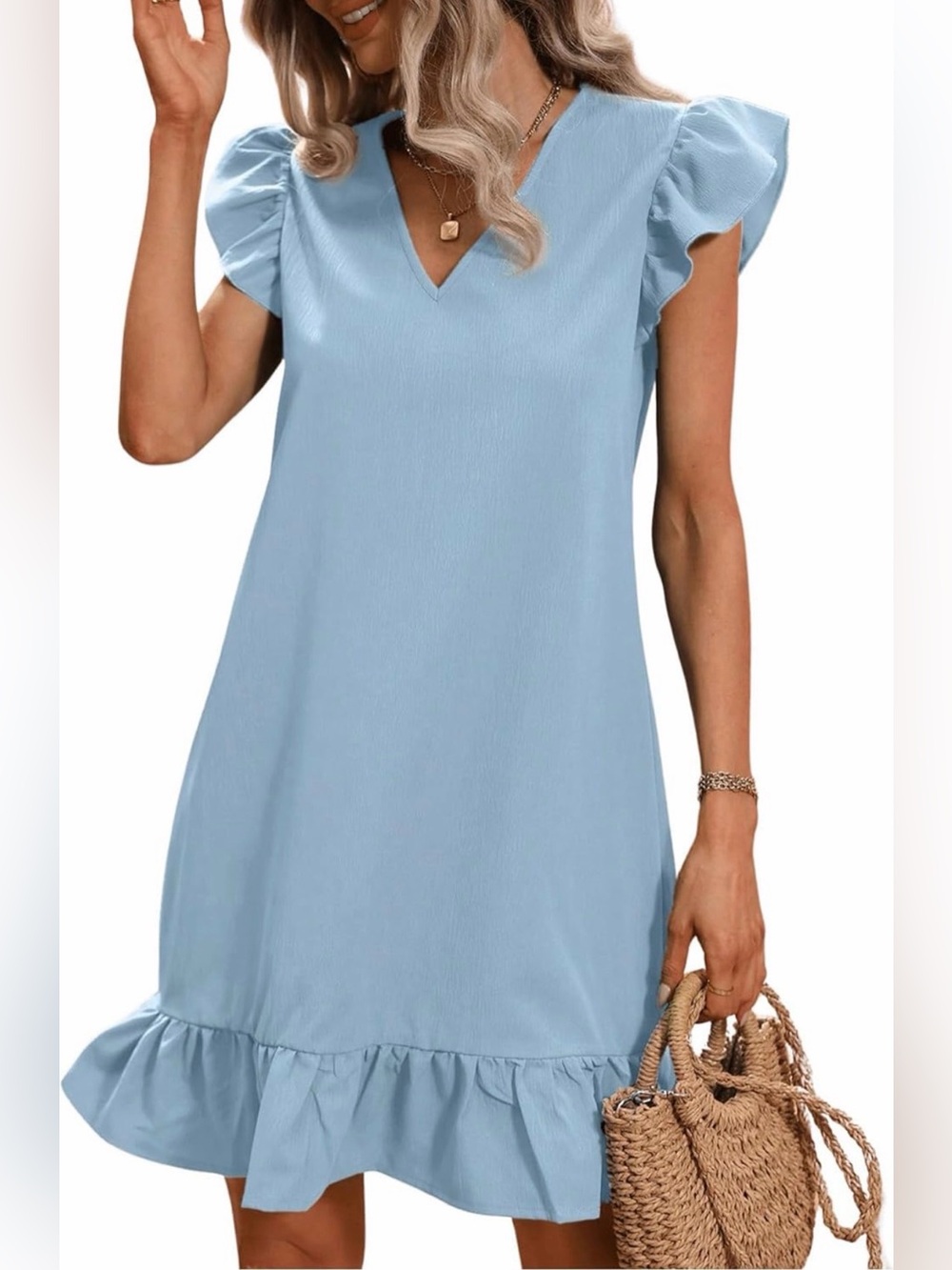 SOLY HUX -NEW🌟Sky Blue Ruffle-Hem V-Neck Mini Dress - Women's